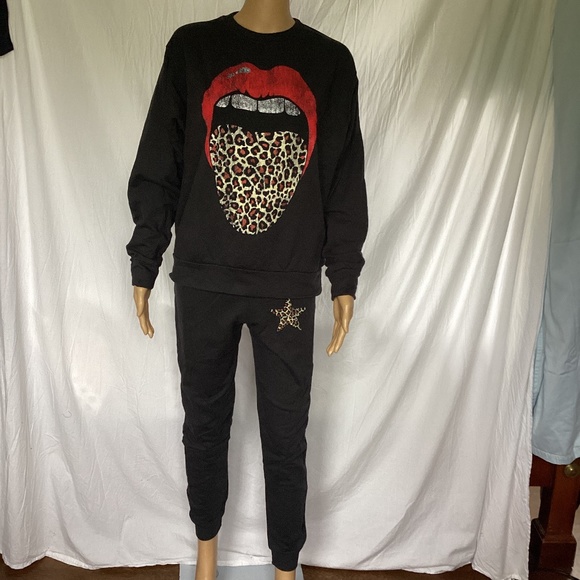 Prince Peter black leopard mouth tongue sweatshirt with matching Joggers - Picture 1 of 4